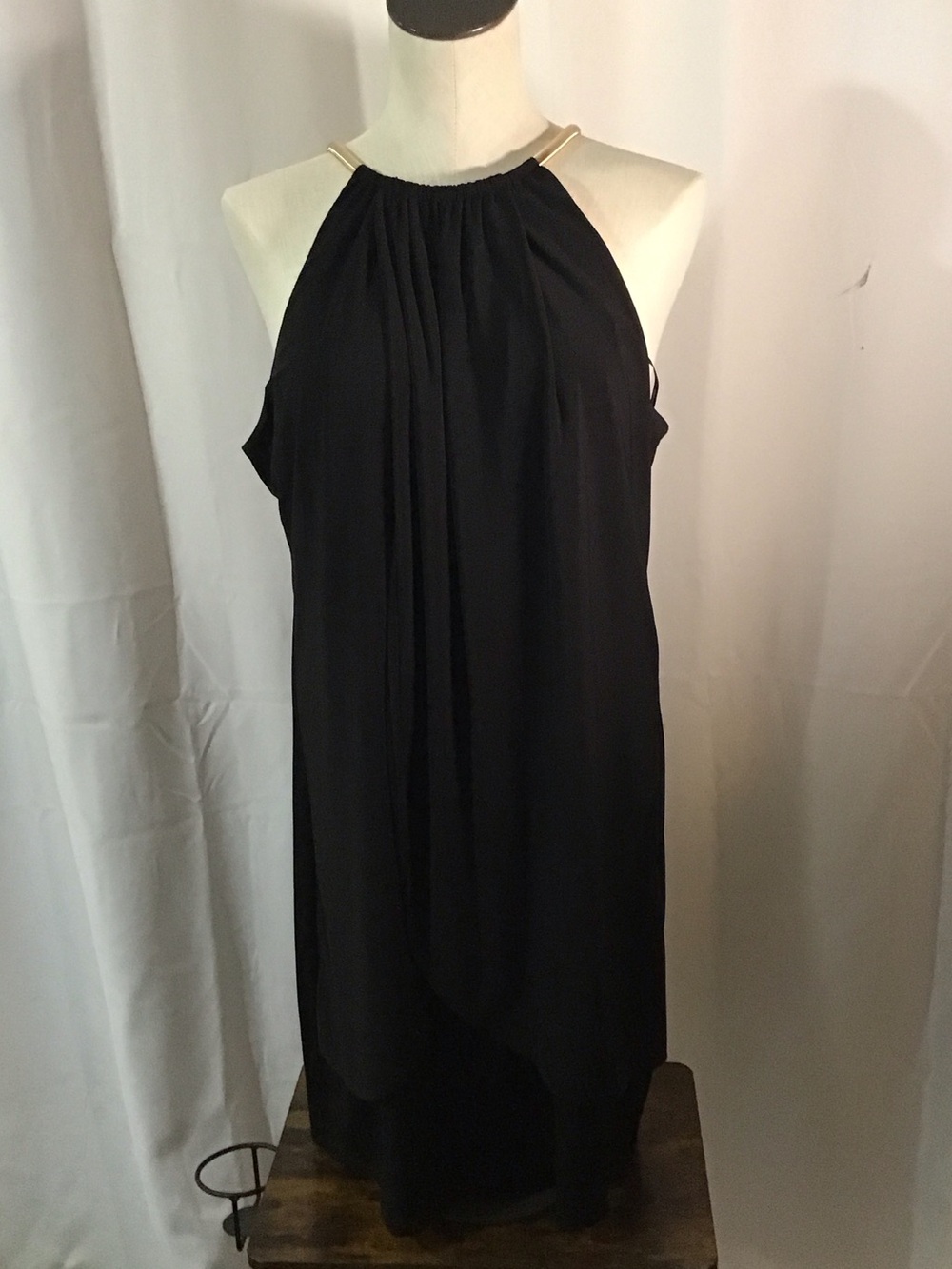 Kensie Black High-Low Halter Dress with Gold Neck Straps